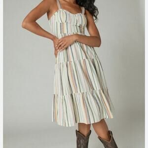 Lucky Brand Stripe Linen Blend Corset Tiered Midi Dress Women's Large Cream